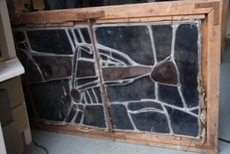 The reverse of St Anthony, showing the construction of the panel and much 'plating' or layering of the glass